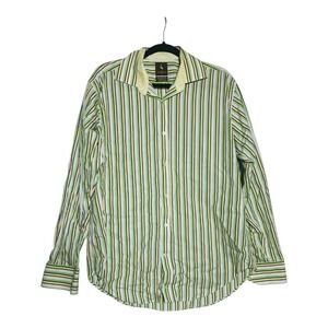 Tailorbyrd Long SLV Button Shirt Men's L Yellow Vertical Striped Egyptian Cotton